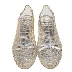 Stuart Weitzman Silver Foil Leather And Crystal Embellished Jelly Laser Cutout Ballet Flats Size 41