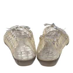Stuart Weitzman Silver Foil Leather And Crystal Embellished Jelly Laser Cutout Ballet Flats Size 41