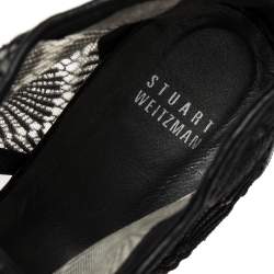 Pre Owned Stuart Weitzman Black Lace And Patent Leather Wedge Ankle Boots Size 38.5