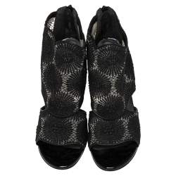 Pre Owned Stuart Weitzman Black Lace And Patent Leather Wedge Ankle Boots Size 38.5