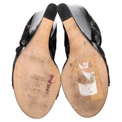 Pre Owned Stuart Weitzman Black Lace And Patent Leather Wedge Ankle Boots Size 38.5