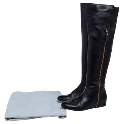 Pre Owned Stuart Weitzman Black Leather and Stretch Fabric Knee Length Flat Boots Sze 39.5