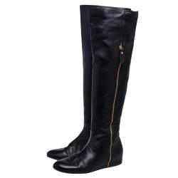 Pre Owned Stuart Weitzman Black Leather and Stretch Fabric Knee Length Flat Boots Sze 39.5