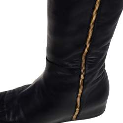 Pre Owned Stuart Weitzman Black Leather and Stretch Fabric Knee Length Flat Boots Sze 39.5