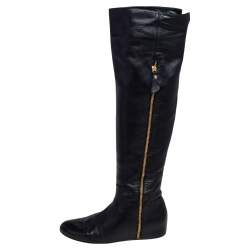 Pre Owned Stuart Weitzman Black Leather and Stretch Fabric Knee Length Flat Boots Sze 39.5