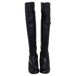 Pre Owned Stuart Weitzman Black Leather and Stretch Fabric Knee Length Flat Boots Sze 39.5