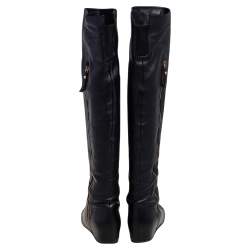 Pre Owned Stuart Weitzman Black Leather and Stretch Fabric Knee Length Flat Boots Sze 39.5