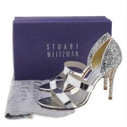 Stuart Weitzman Silver Glitter And Leather Open Toe Pumps Size 39.5