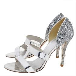 Stuart Weitzman Silver Glitter And Leather Open Toe Pumps Size 39.5