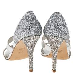 Stuart Weitzman Silver Glitter And Leather Open Toe Pumps Size 39.5