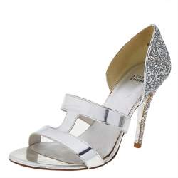 Stuart Weitzman Silver Glitter And Leather Open Toe Pumps Size 39.5
