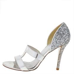 Stuart Weitzman Silver Glitter And Leather Open Toe Pumps Size 39.5