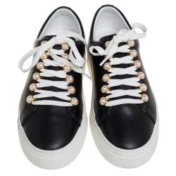 Stuart Weitzman Black Leather Faux Pearl Embellished Low Top Sneakers Size 38.5