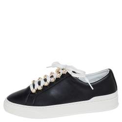 Stuart Weitzman Black Leather Faux Pearl Embellished Low Top Sneakers Size 38.5
