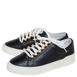 Stuart Weitzman Black Leather Faux Pearl Embellished Low Top Sneakers Size 38.5
