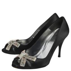 Stuart Weitzman Black Satin Peep Toe Crystal Embellished Pumps Size 38