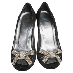 Stuart Weitzman Black Satin Peep Toe Crystal Embellished Pumps Size 38
