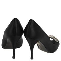 Stuart Weitzman Black Satin Peep Toe Crystal Embellished Pumps Size 38