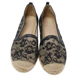 Stuart Weitzman Black Lace and Leather Espadrille Flats Size 37