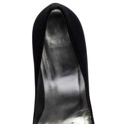 Pre Owned Stuart Weitzman Black Satin Crystal Embellished Bow Peep Toe Pumps Size 38