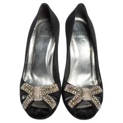 Pre Owned Stuart Weitzman Black Satin Crystal Embellished Bow Peep Toe Pumps Size 38