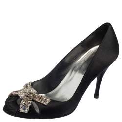 Pre Owned Stuart Weitzman Black Satin Crystal Embellished Bow Peep Toe Pumps Size 38