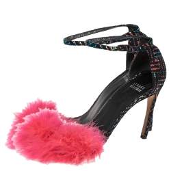 Stuart Weitzman Multicolor Textured Suede Fur Detail Ankle Strap Sandals Size 38.5