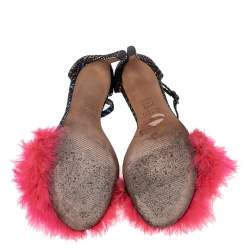 Stuart Weitzman Multicolor Textured Suede Fur Detail Ankle Strap Sandals Size 38.5