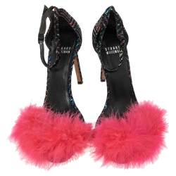 Stuart Weitzman Multicolor Textured Suede Fur Detail Ankle Strap Sandals Size 38.5
