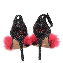 Stuart Weitzman Multicolor Textured Suede Fur Detail Ankle Strap Sandals Size 38.5