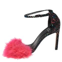 Stuart Weitzman Multicolor Textured Suede Fur Detail Ankle Strap Sandals Size 38.5