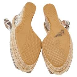 Pre Owned Stuart Weitzman Beige Snakeskin Embossed Leather Espadrille Platform Wedge Slingback Sandals Size 37.5