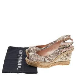 Pre Owned Stuart Weitzman Beige Snakeskin Embossed Leather Espadrille Platform Wedge Slingback Sandals Size 37.5