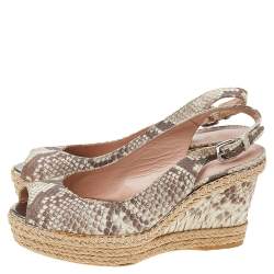 Pre Owned Stuart Weitzman Beige Snakeskin Embossed Leather Espadrille Platform Wedge Slingback Sandals Size 37.5