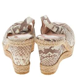 Pre Owned Stuart Weitzman Beige Snakeskin Embossed Leather Espadrille Platform Wedge Slingback Sandals Size 37.5