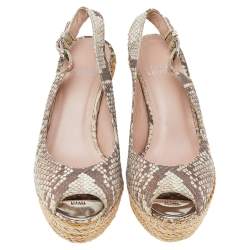 Pre Owned Stuart Weitzman Beige Snakeskin Embossed Leather Espadrille Platform Wedge Slingback Sandals Size 37.5