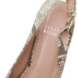 Pre Owned Stuart Weitzman Beige Snakeskin Embossed Leather Espadrille Platform Wedge Slingback Sandals Size 37.5