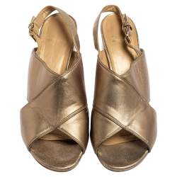 Stuart Weitzman Metallic Gold Leather Block Heel Slingback Sandals Size 39