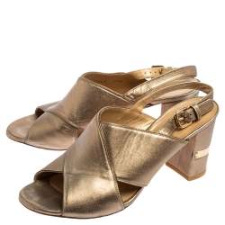 Stuart Weitzman Metallic Gold Leather Block Heel Slingback Sandals Size 39