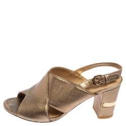 Stuart Weitzman Metallic Gold Leather Block Heel Slingback Sandals Size 39