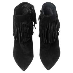 Stuart Weitzman Black Suede Fringed Ankle Boots Size 36.5