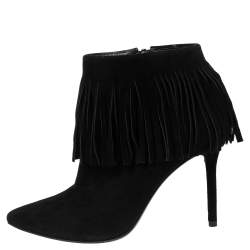 Stuart Weitzman Black Suede Fringed Ankle Boots Size 36.5