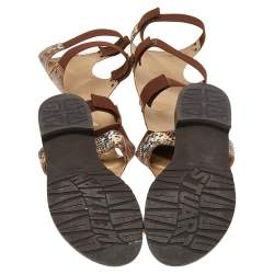 Stuart Weitzman Brown Python Leather Gladiator Flat Sandals Size 36.5