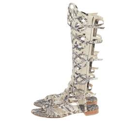 Stuart Weitzman Beige Python Embossed Leather Gladiator Sandals Size 36.5