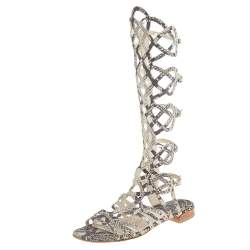 Stuart Weitzman Beige Python Embossed Leather Gladiator Sandals Size 36.5