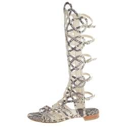 Stuart Weitzman Beige Python Embossed Leather Gladiator Sandals Size 36.5