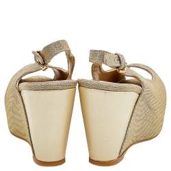Pre Owned Stuart Weitzman Gold Glitter and Leather Slingback Wedge Sandals Size 39