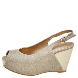 Pre Owned Stuart Weitzman Gold Glitter and Leather Slingback Wedge Sandals Size 39
