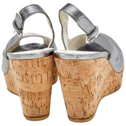 Pre Owned صندل ستيوارت وايتز مان جلد فضي مقدمة مفتوحة كعب روكي بحزام للكاحل مقاس 38