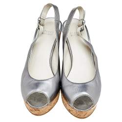 Pre Owned صندل ستيوارت وايتز مان جلد فضي مقدمة مفتوحة كعب روكي بحزام للكاحل مقاس 38